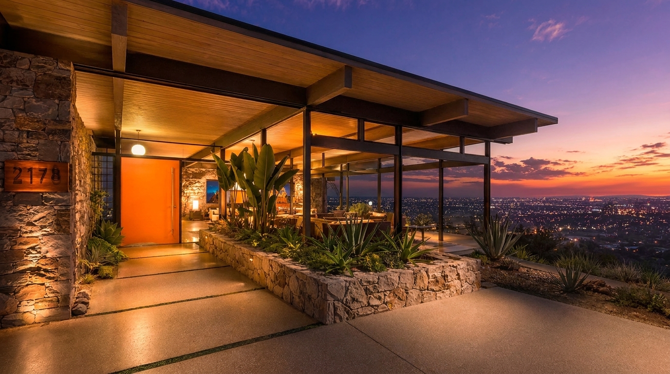 Hollywood Hills exterior twilight view with strong illumination