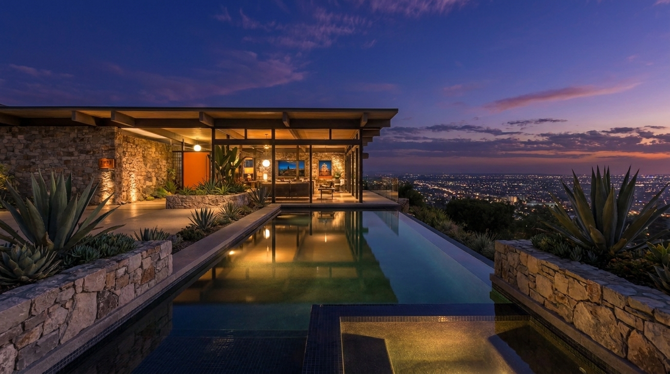 Hollywood Hills infinity pool with city lights beyond