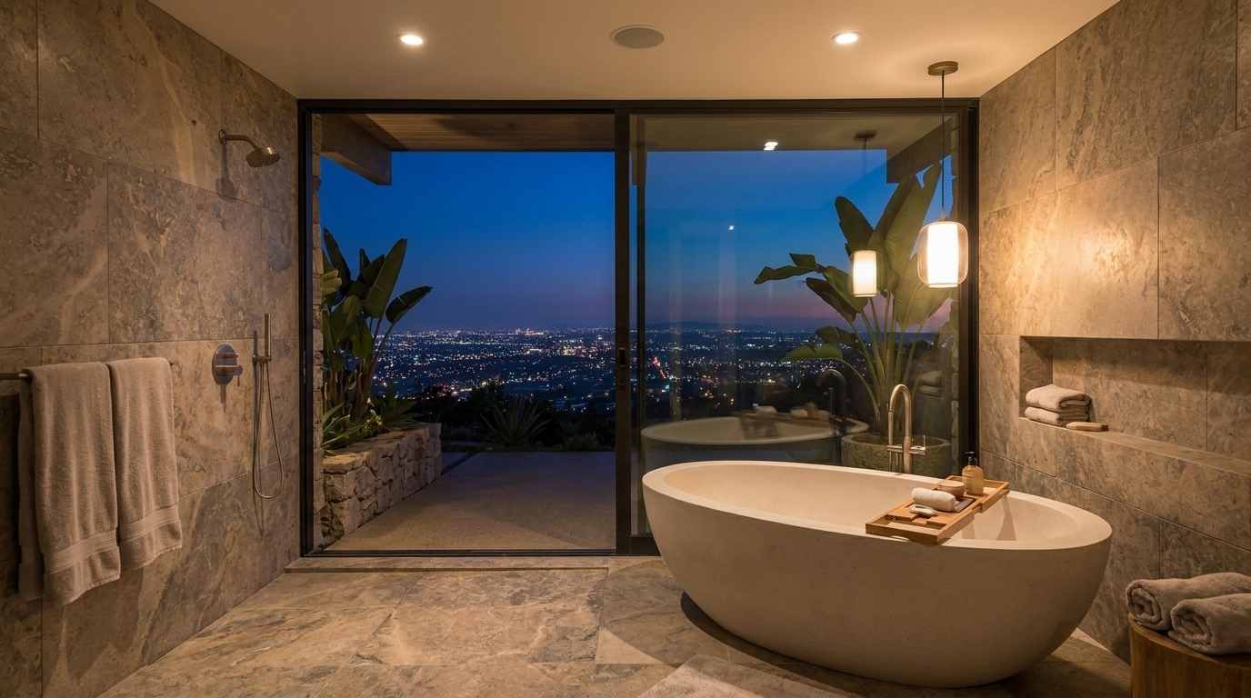 Hollywood Hills luxury bathroom with elevated city outlook