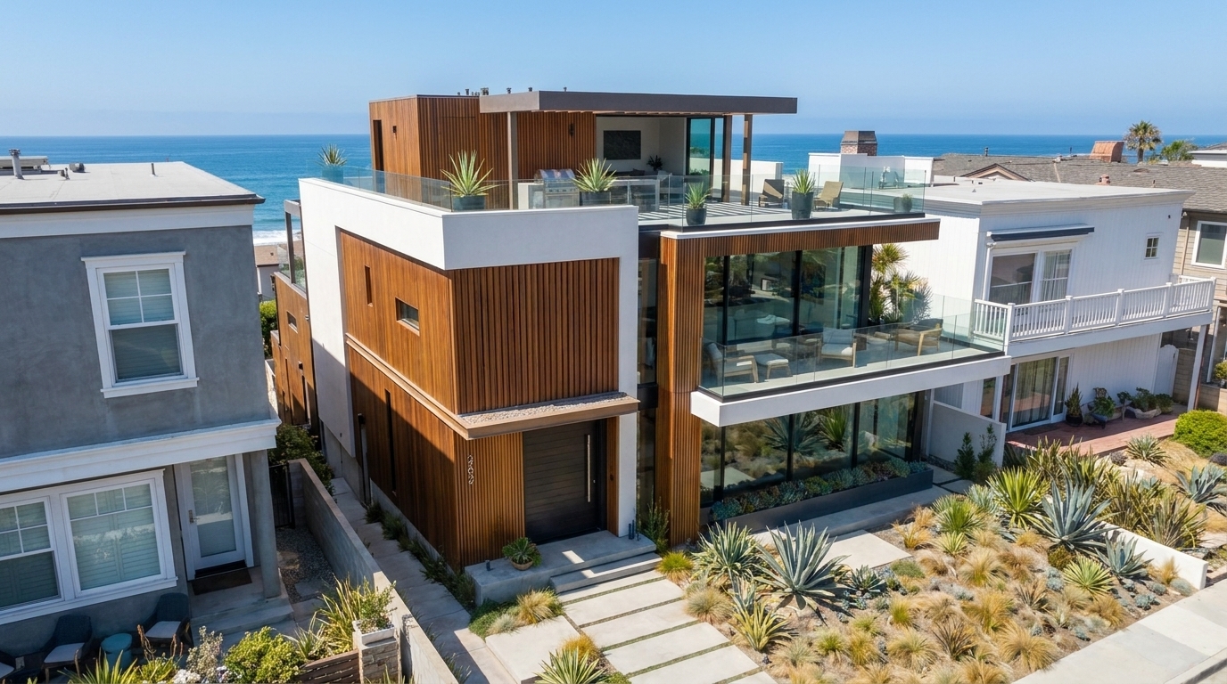 Manhattan Beach aerial view of contemporary house and surrounding fabric