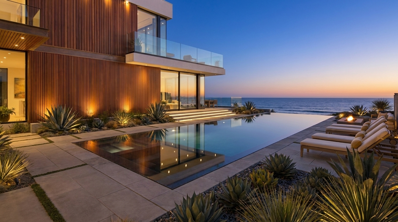 Manhattan Beach backyard pool and terrace reflecting the home