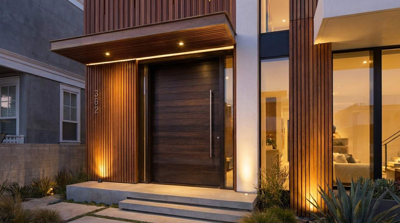 Manhattan Beach entry door with dark wood and glass detailing