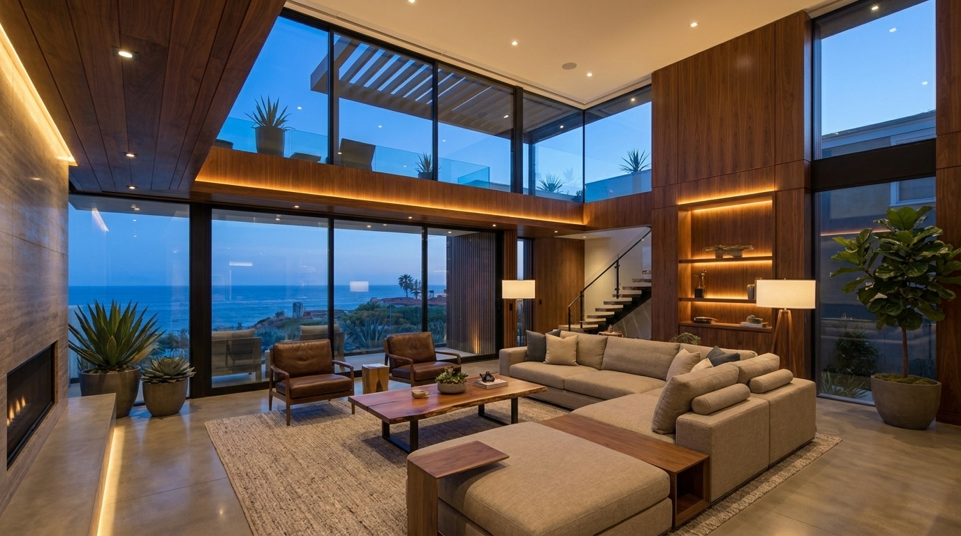 Manhattan Beach great room with expansive glazing and soft interior palette