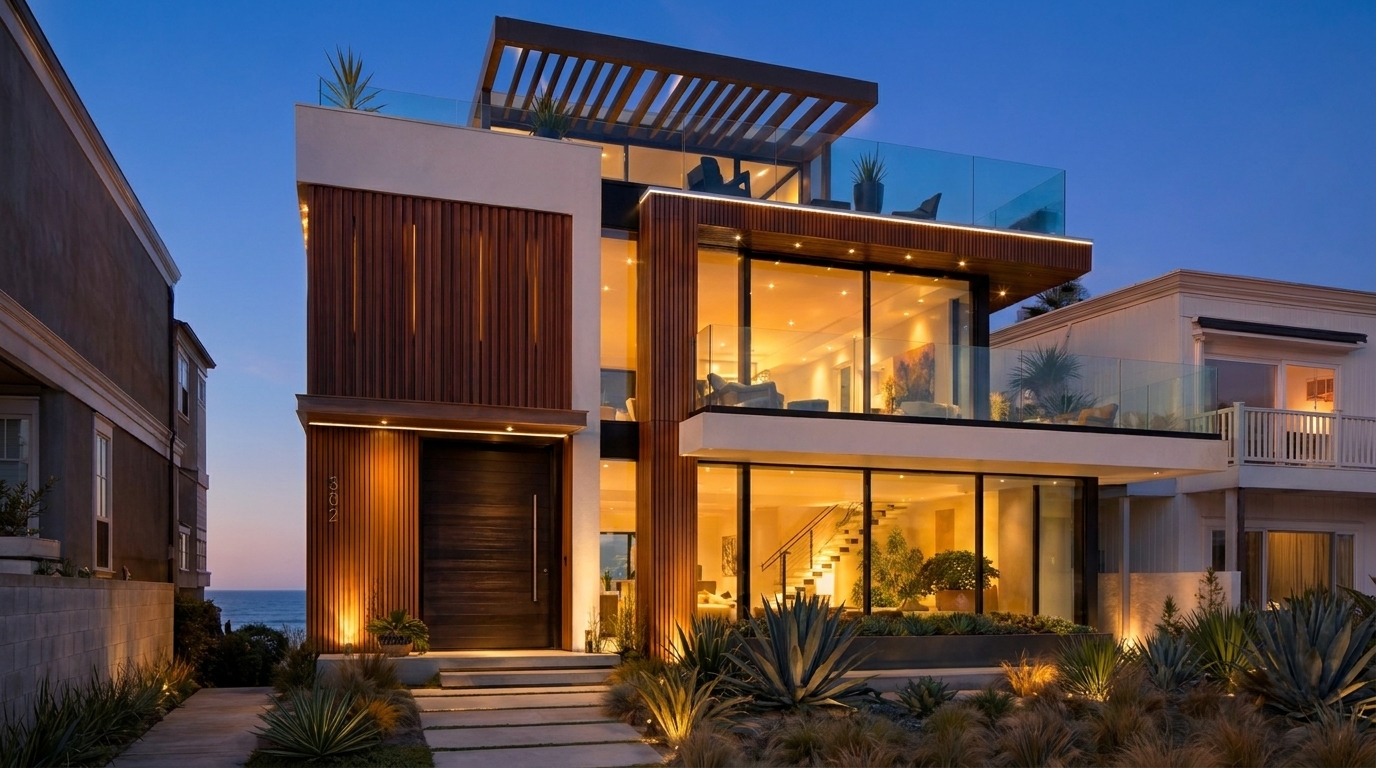 Manhattan Beach exterior at twilight with glowing windows