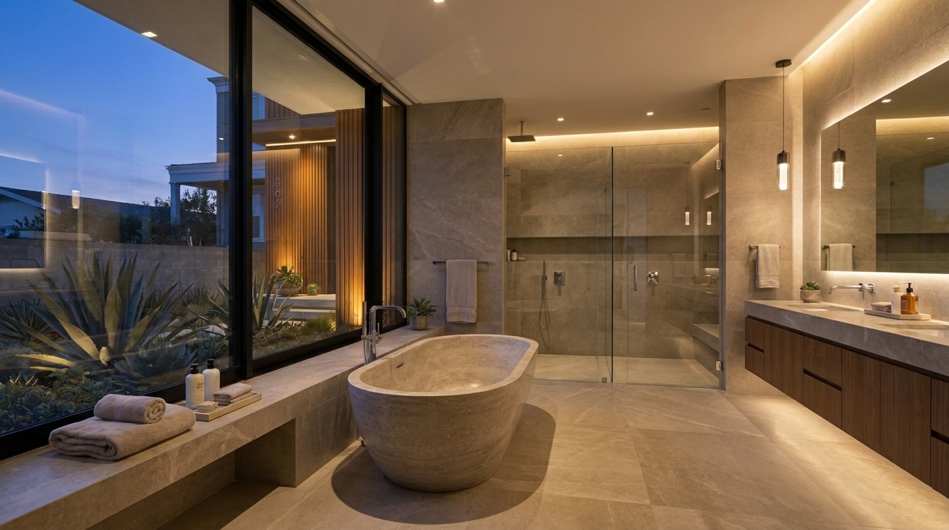 Manhattan Beach luxury bathroom with freestanding tub and restrained finishes