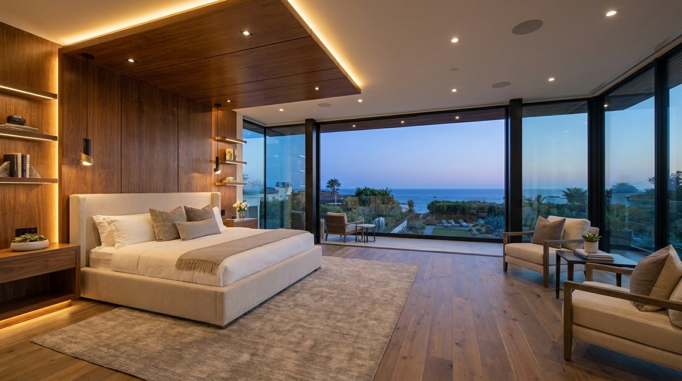 Manhattan Beach primary bedroom suite on upper floor with contemporary styling