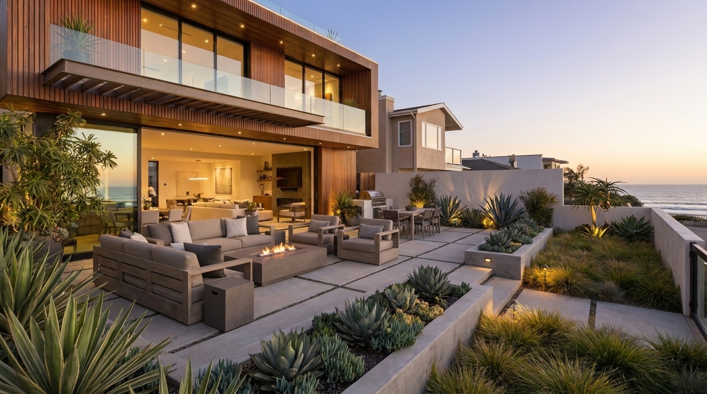 Manhattan Beach terrace with outdoor lounge furniture and coastal atmosphere