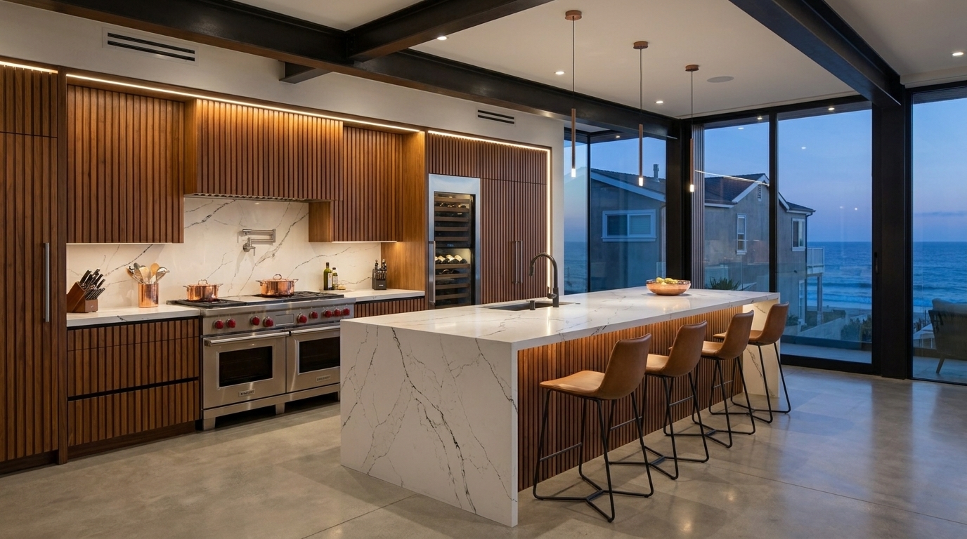 Manhattan Beach chef kitchen with large island and ultra-modern detailing